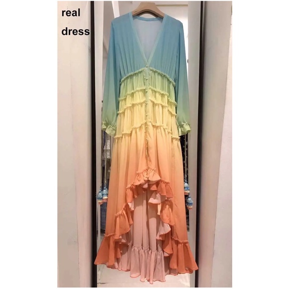 Boho Rainbow Ruffle High Low Button Kimono Maxi Dress - Picture 9 of 9